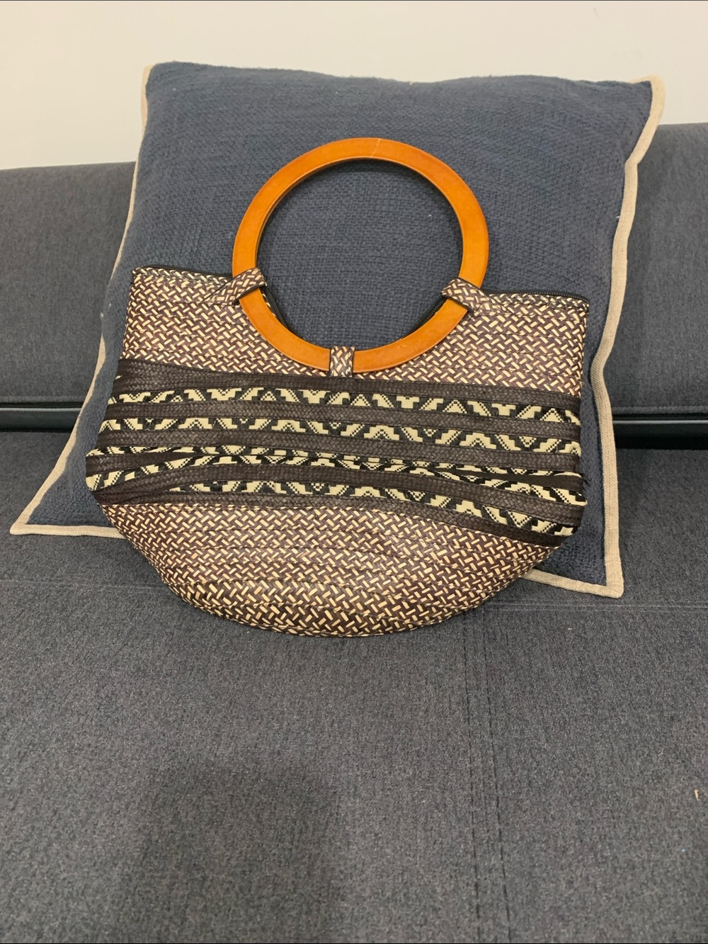 Woven Round-Wooden Handle Tote Bag in Brown and Tan